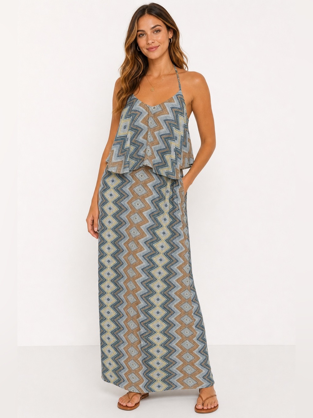 Veronica M Halter Maxi Dress Small Boho Chevron Print Blue Brown Flowy Resort